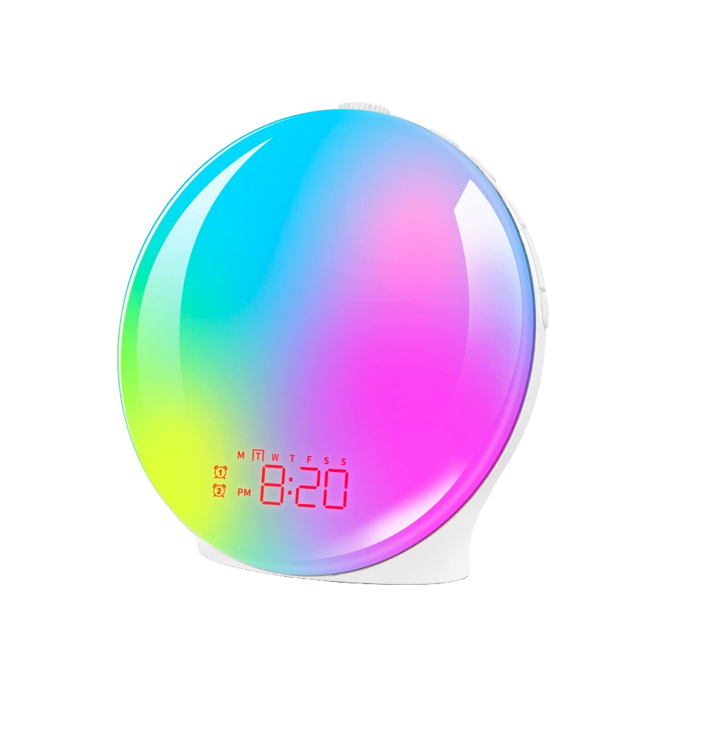 カラフルな目覚ましライトは日の出と日の入りをシミュレートします LED電子目覚まし時計 RGBアンビエントライト ベッドサイドライト ホワイトノイズ 子供用ライト