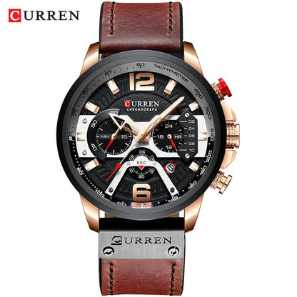 CURREN メンズカジュアルスポーツウォッチ ブルー トップブランド 高級ミリタリーレザー腕時計 メンズ時計 ファッション クロノグラフ腕時計
