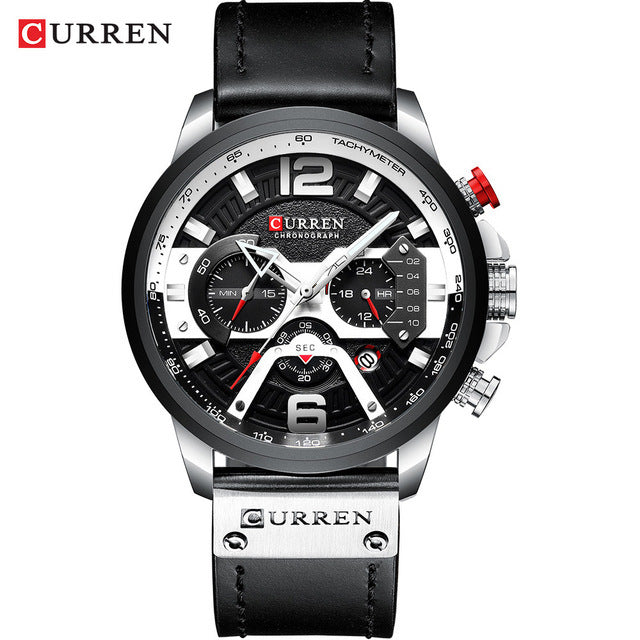 CURREN メンズカジュアルスポーツウォッチ ブルー トップブランド 高級ミリタリーレザー腕時計 メンズ時計 ファッション クロノグラフ腕時計