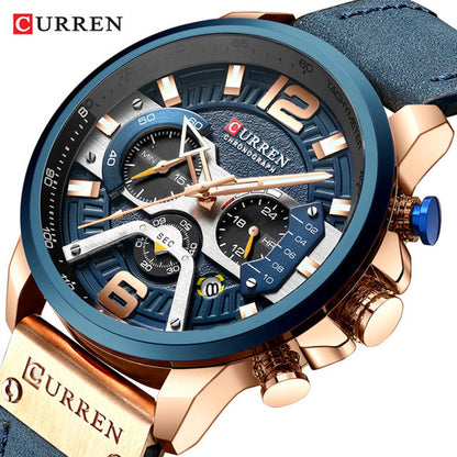 CURREN メンズカジュアルスポーツウォッチ ブルー トップブランド 高級ミリタリーレザー腕時計 メンズ時計 ファッション クロノグラフ腕時計