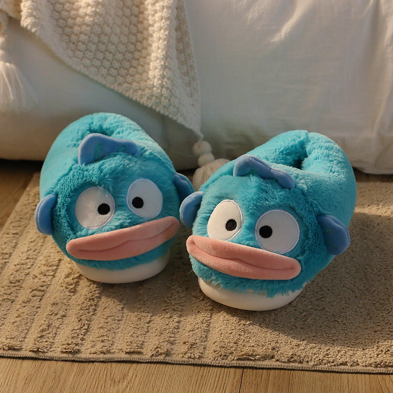 醜い魚の綿スリッパ、冬用バッグ付き、漫画の面白い室内用、カップル用、厚底、滑り止め、暖かい綿靴、男性用